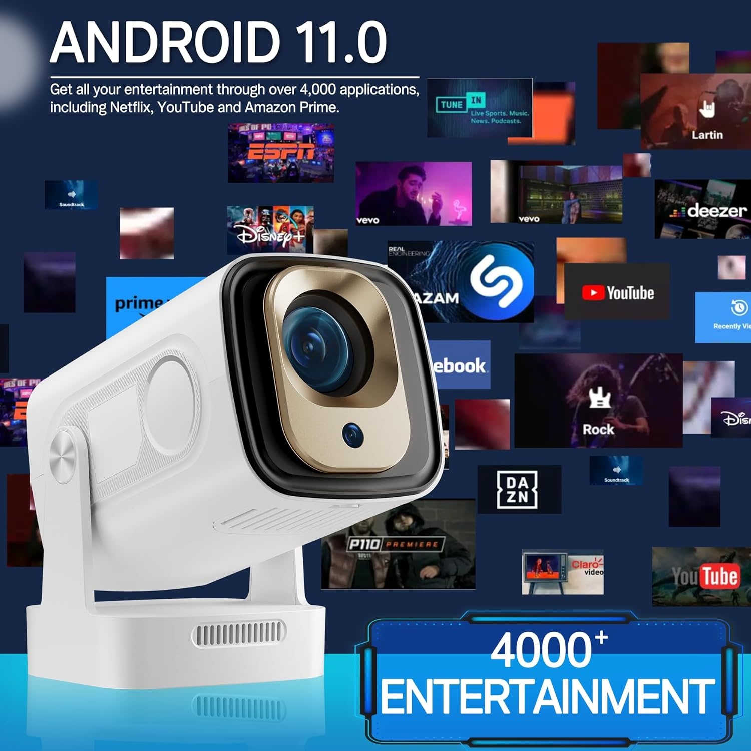 Draagbare beamer, 1080p, mini-projector, 4K, videoprojector, wifi 6, Android 11, voor 200 ANSI, externe luidspreker, telefoon/pc/lap/stick, HDMI thuisbioscoop, 180° rotatie, Bluetooth 5.4