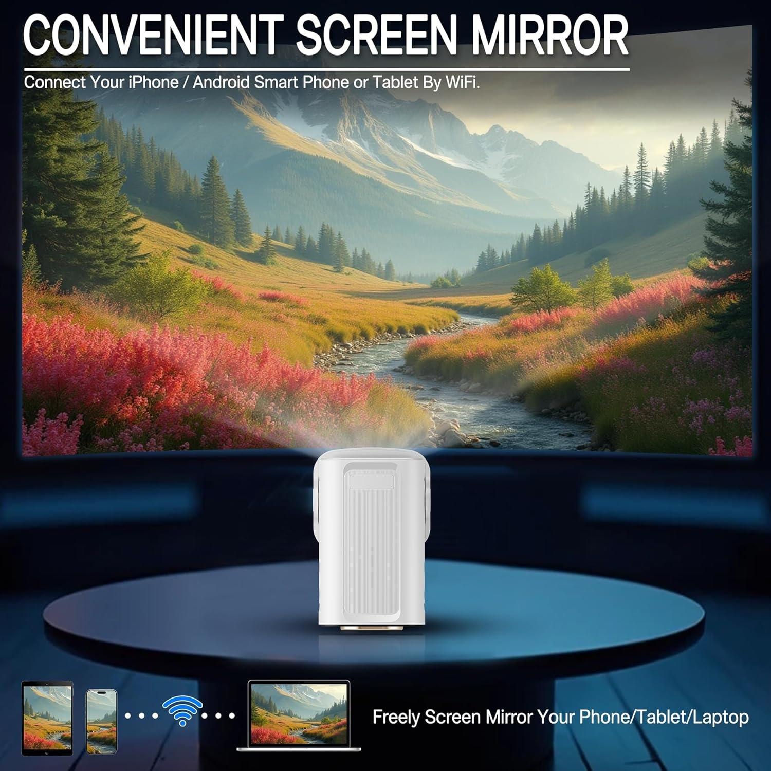 Draagbare beamer, 1080p, mini-projector, 4K, videoprojector, wifi 6, Android 11, voor 200 ANSI, externe luidspreker, telefoon/pc/lap/stick, HDMI thuisbioscoop, 180° rotatie, Bluetooth 5.4