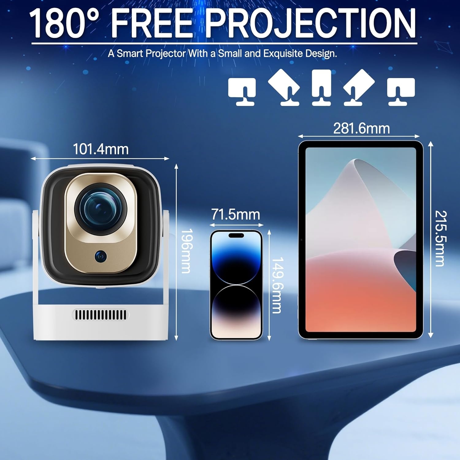Draagbare beamer, 1080p, mini-projector, 4K, videoprojector, wifi 6, Android 11, voor 200 ANSI, externe luidspreker, telefoon/pc/lap/stick, HDMI thuisbioscoop, 180° rotatie, Bluetooth 5.4