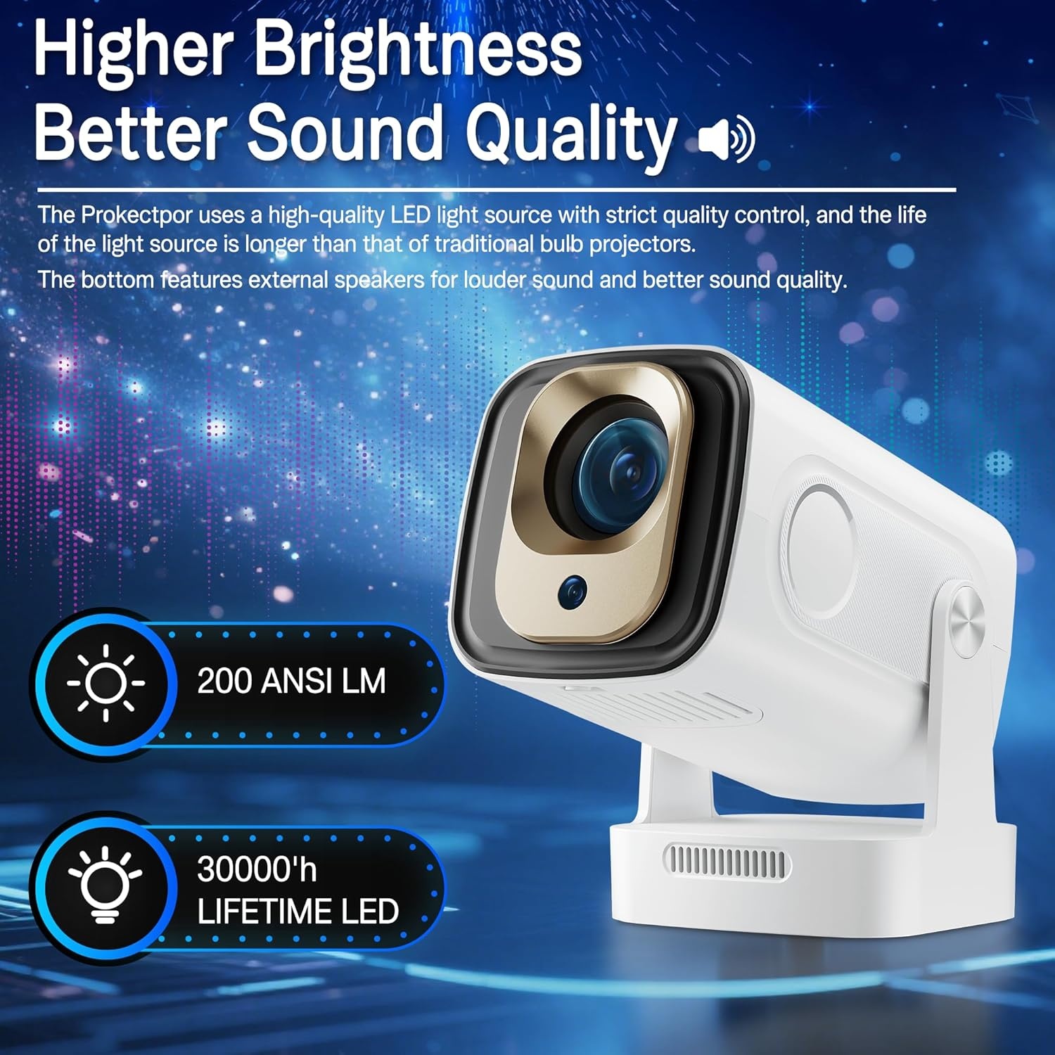 Draagbare beamer, 1080p, mini-projector, 4K, videoprojector, wifi 6, Android 11, voor 200 ANSI, externe luidspreker, telefoon/pc/lap/stick, HDMI thuisbioscoop, 180° rotatie, Bluetooth 5.4