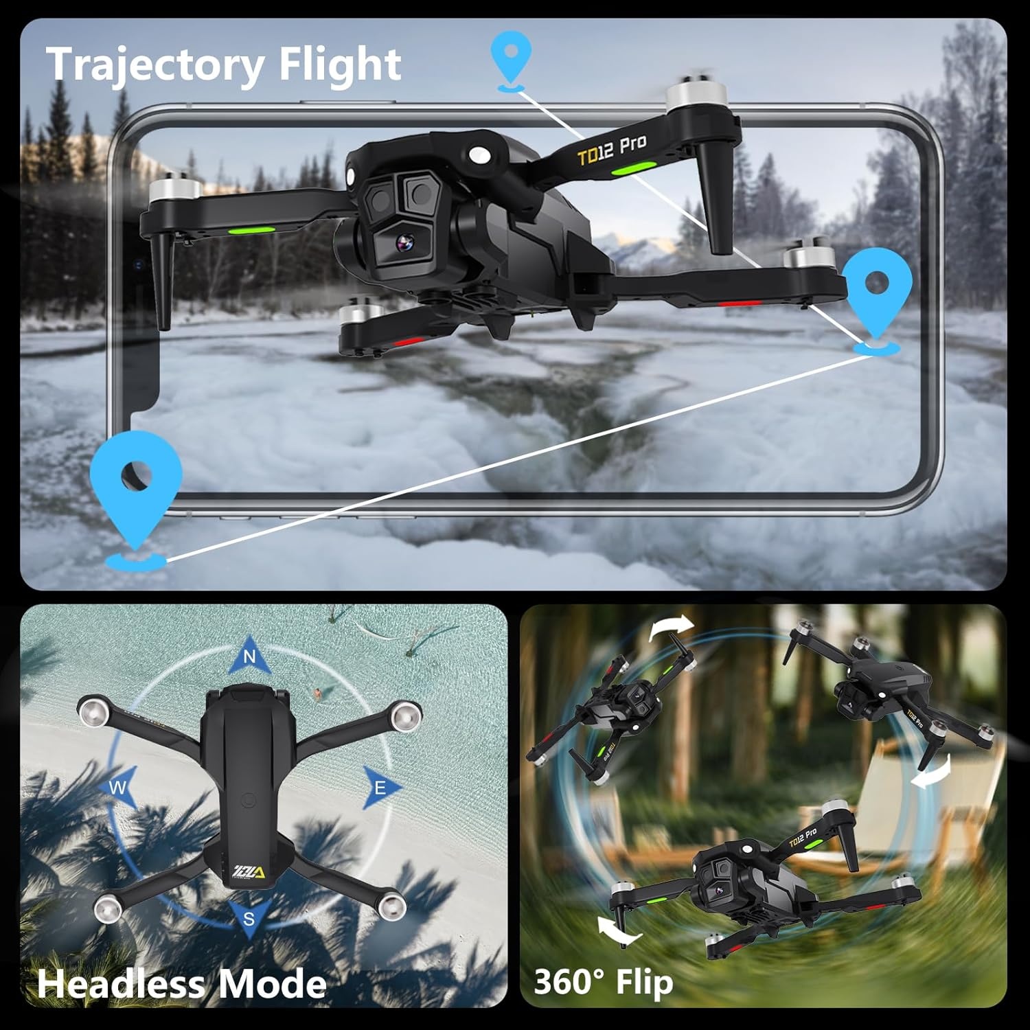 Toladrone TD12PRO Mini Drone met Camera voor Beginners, Opvouwbaar, Borstelloze Motor, Optische Flow Positionering