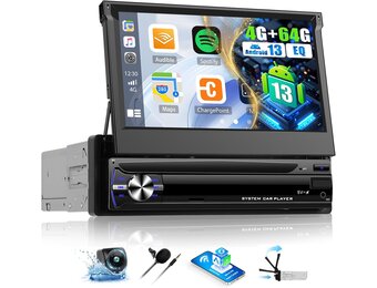 OiLiehu Autoradio 1DIN Android 13 met 7-inch Uitschuifbaar Scherm, Apple CarPlay, Android Auto, Bluetooth, GPS, WiFi