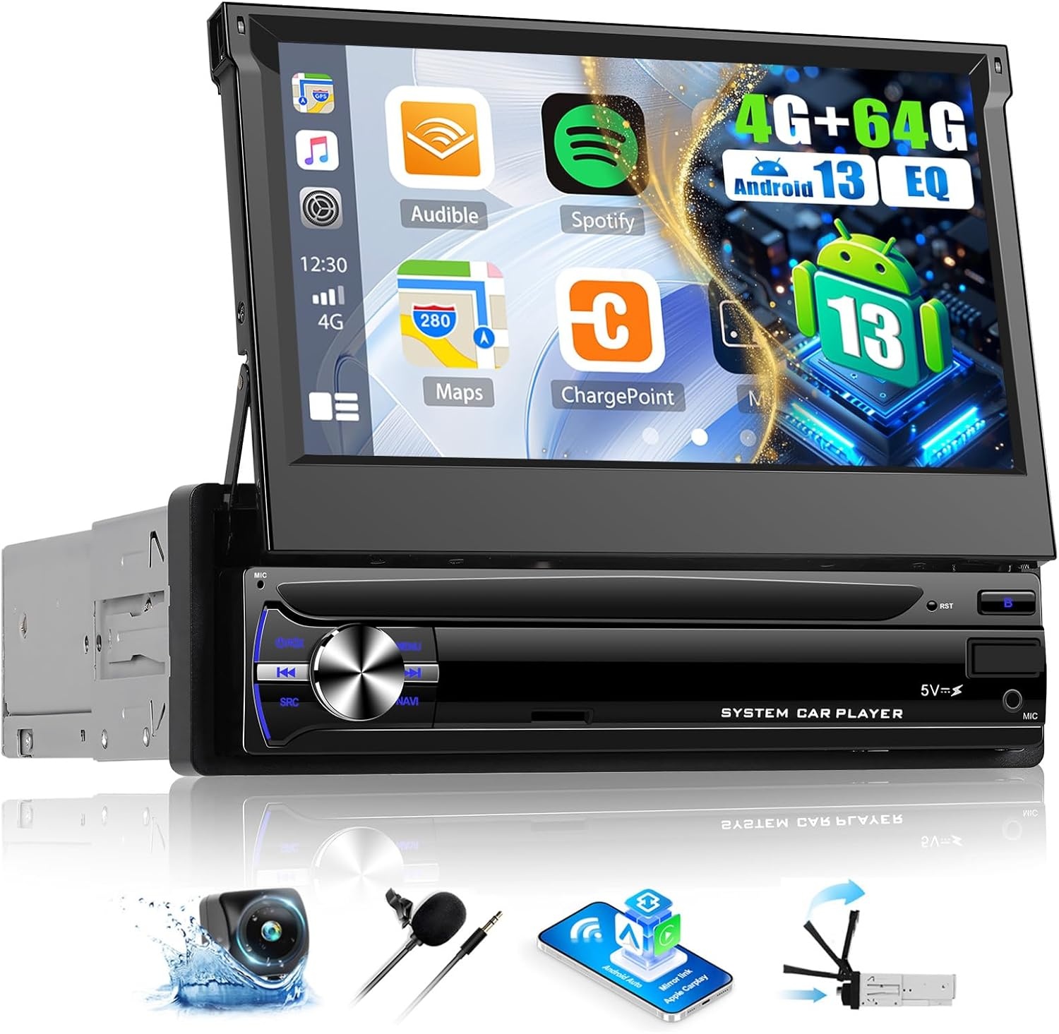 OiLiehu Autoradio 1DIN Android 13 met 7-inch Uitschuifbaar Scherm, Apple CarPlay, Android Auto, Bluetooth, GPS, WiFi