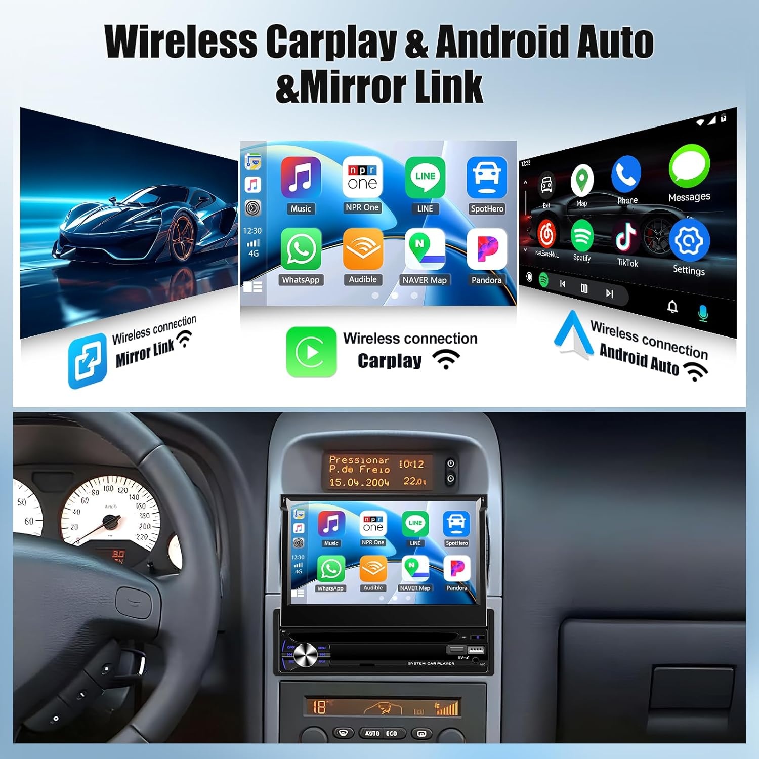 OiLiehu Autoradio 1DIN Android 13 met 7-inch Uitschuifbaar Scherm, Apple CarPlay, Android Auto, Bluetooth, GPS, WiFi
