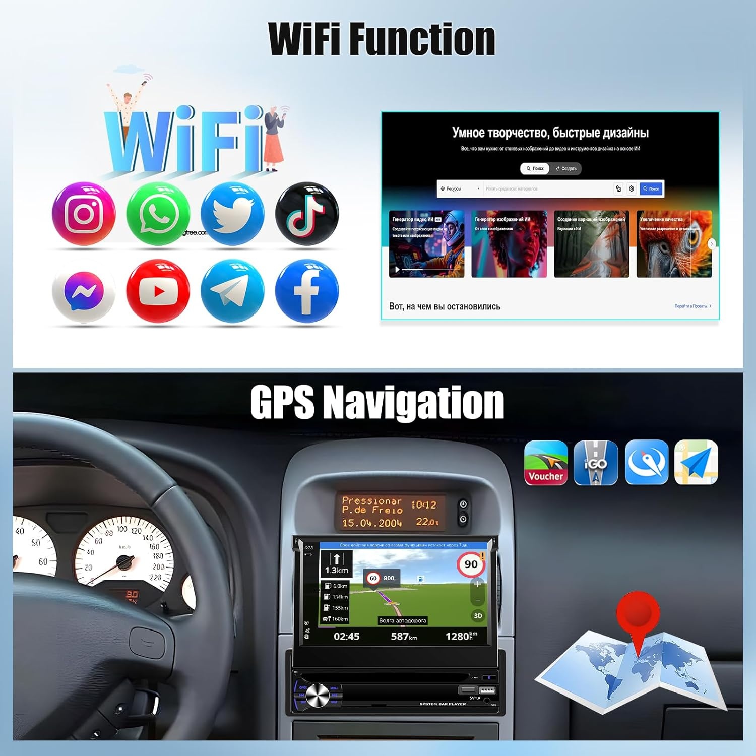 OiLiehu Autoradio 1DIN Android 13 met 7-inch Uitschuifbaar Scherm, Apple CarPlay, Android Auto, Bluetooth, GPS, WiFi