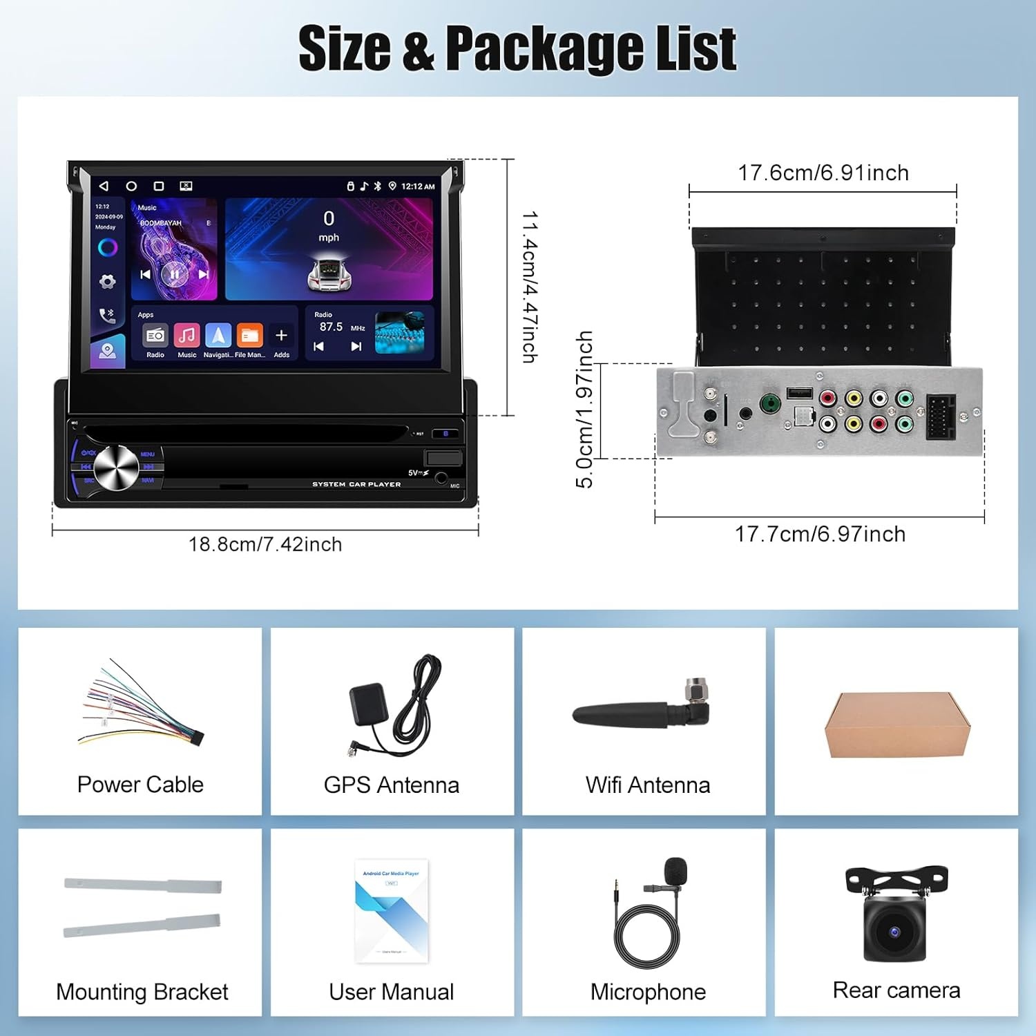 OiLiehu Autoradio 1DIN Android 13 met 7-inch Uitschuifbaar Scherm, Apple CarPlay, Android Auto, Bluetooth, GPS, WiFi