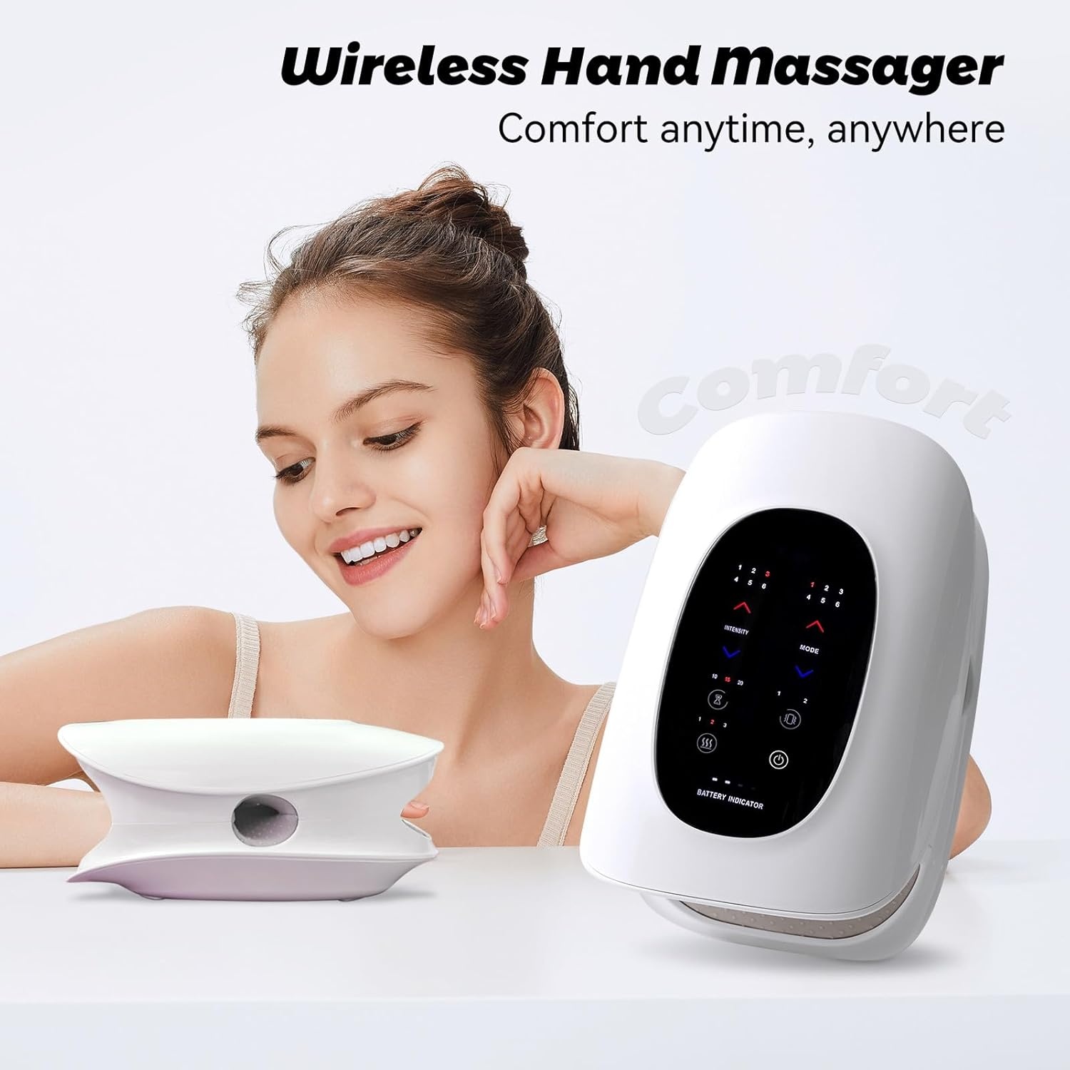 Draadloze Handmassager met Warmte en Compressie, 6 Vibratiestanden en Vingerrekking