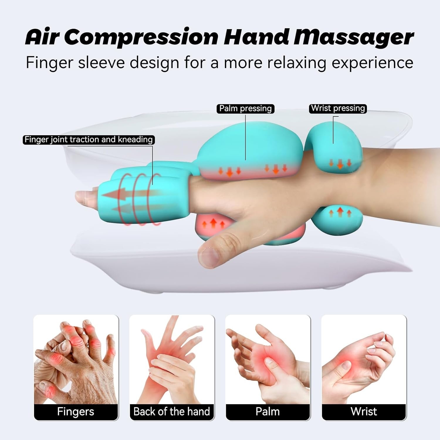 Draadloze Handmassager met Warmte en Compressie, 6 Vibratiestanden en Vingerrekking