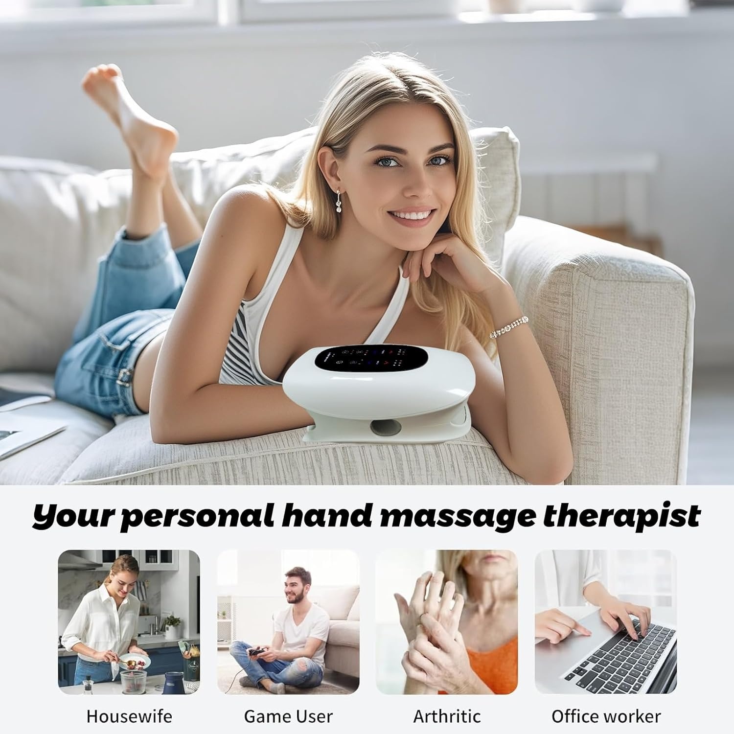 Draadloze Handmassager met Warmte en Compressie, 6 Vibratiestanden en Vingerrekking