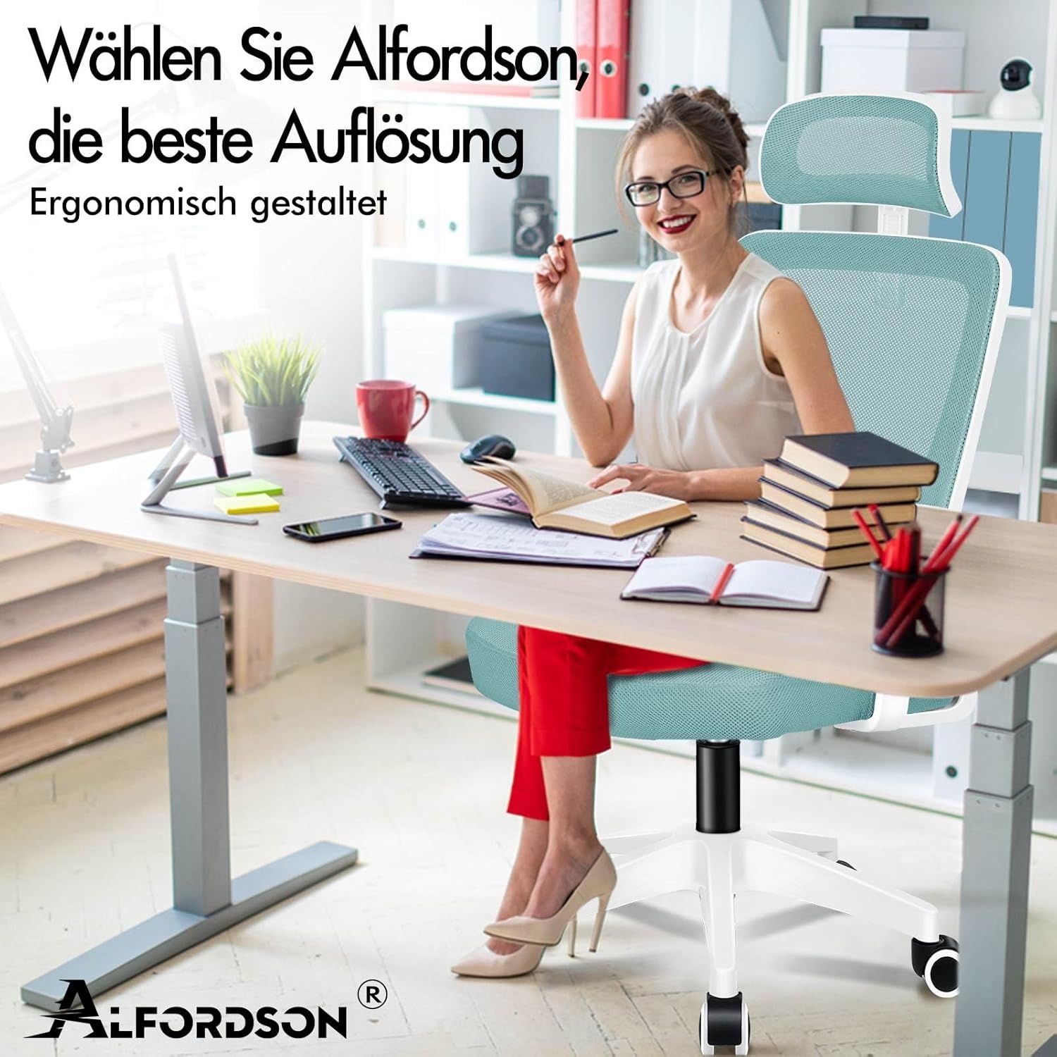 ALFORDSON bureaustoel met lendensteun voor thuiswerkplek, computerstoel met mesh bekleding, hoofdsteun, opklapbare armleuningen, kantelbare en draaibare bureaustoel, Arco, cyaan