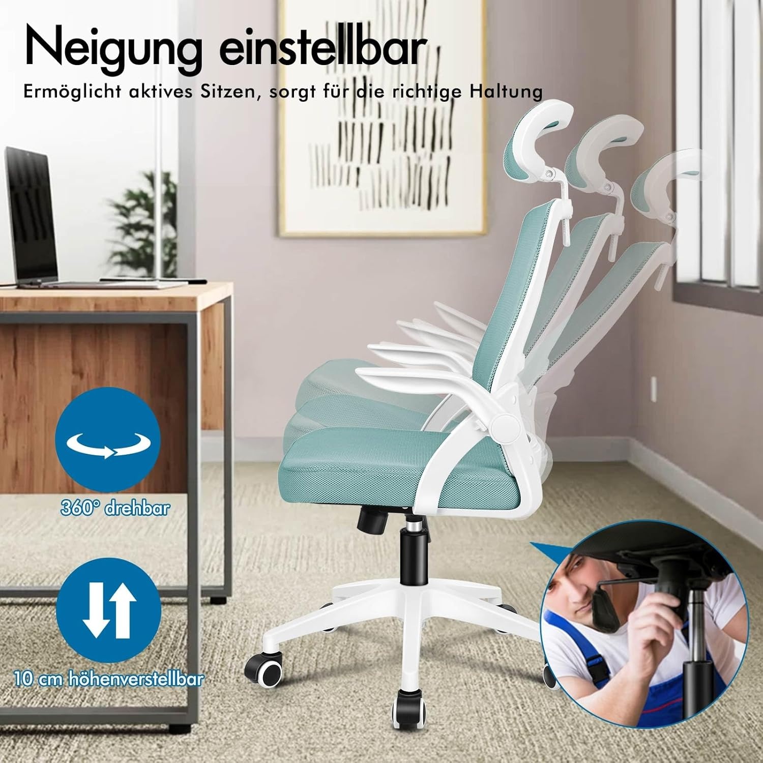 ALFORDSON bureaustoel met lendensteun voor thuiswerkplek, computerstoel met mesh bekleding, hoofdsteun, opklapbare armleuningen, kantelbare en draaibare bureaustoel, Arco, cyaan