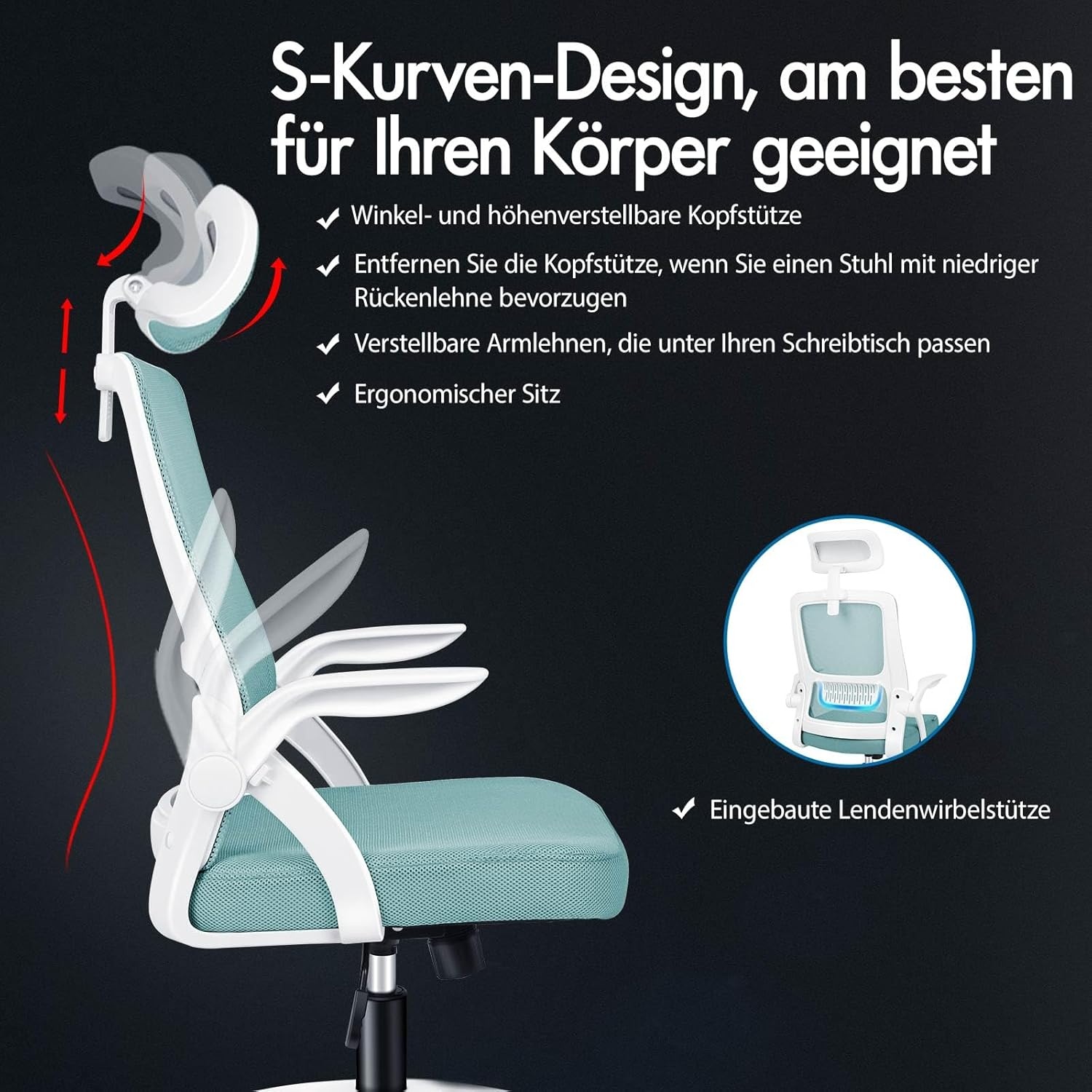 ALFORDSON bureaustoel met lendensteun voor thuiswerkplek, computerstoel met mesh bekleding, hoofdsteun, opklapbare armleuningen, kantelbare en draaibare bureaustoel, Arco, cyaan