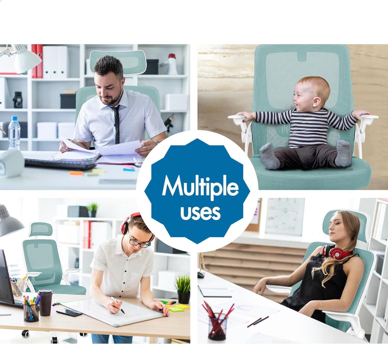 ALFORDSON bureaustoel met lendensteun voor thuiswerkplek, computerstoel met mesh bekleding, hoofdsteun, opklapbare armleuningen, kantelbare en draaibare bureaustoel, Arco, cyaan