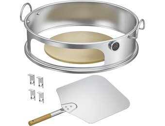 Onlyfire BRK-6023 RVS PizzaRing Set van kogelbarbecue pizzaset met pizzaschep, pizzasteen en thermometer voor Weber 57 cm Kugelgrills houtskoolgrill