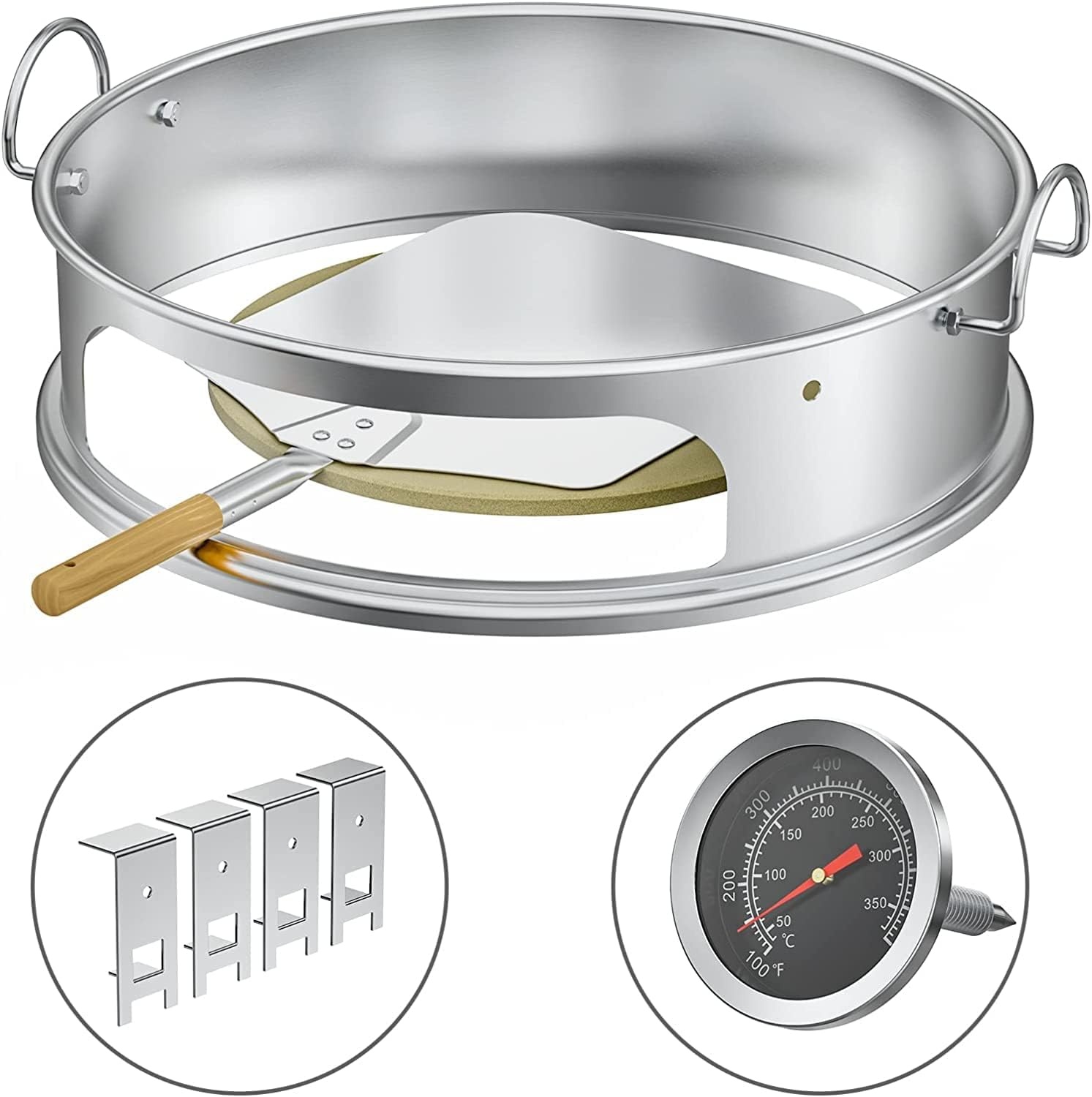 Onlyfire BRK-6023 RVS PizzaRing Set van kogelbarbecue pizzaset met pizzaschep, pizzasteen en thermometer voor Weber 57 cm Kugelgrills houtskoolgrill