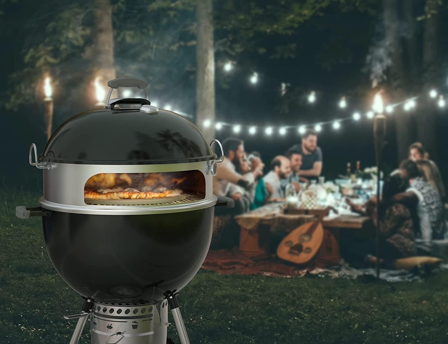 Onlyfire BRK-6023 RVS PizzaRing Set van kogelbarbecue pizzaset met pizzaschep, pizzasteen en thermometer voor Weber 57 cm Kugelgrills houtskoolgrill