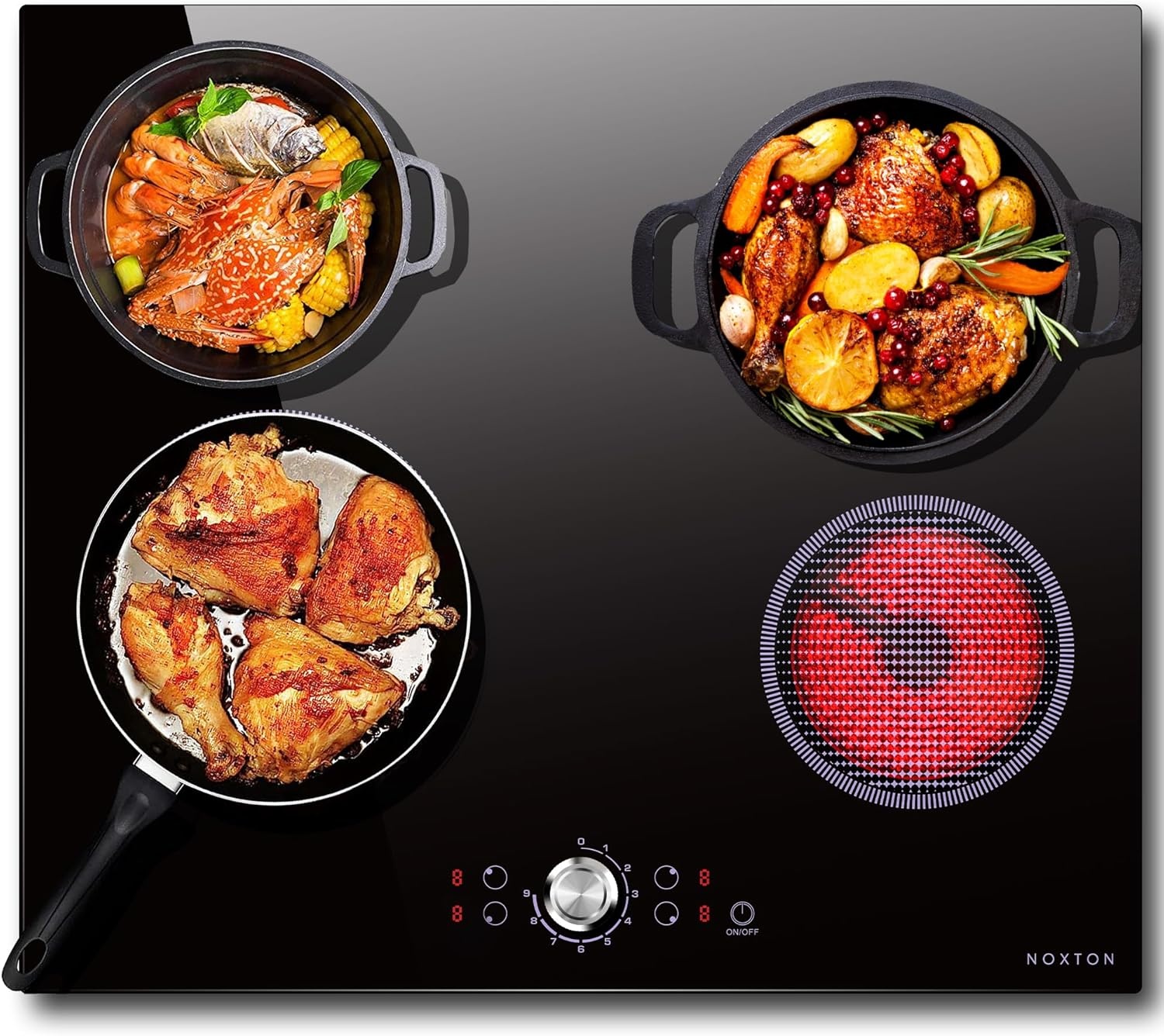 NOXTON Keramische kookplaten 4 platen 60cm，Inbouw, Zwarte glazen kookplaat, Aanraakbediening, Kinderslot, Oververhittingsindicator, Timer van 1-90 minuten