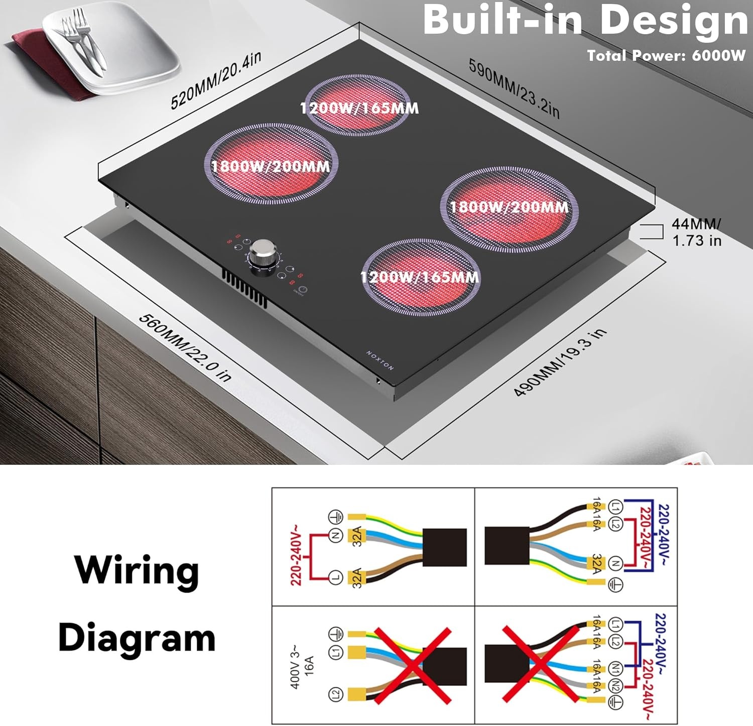 NOXTON Keramische kookplaten 4 platen 60cm，Inbouw, Zwarte glazen kookplaat, Aanraakbediening, Kinderslot, Oververhittingsindicator, Timer van 1-90 minuten