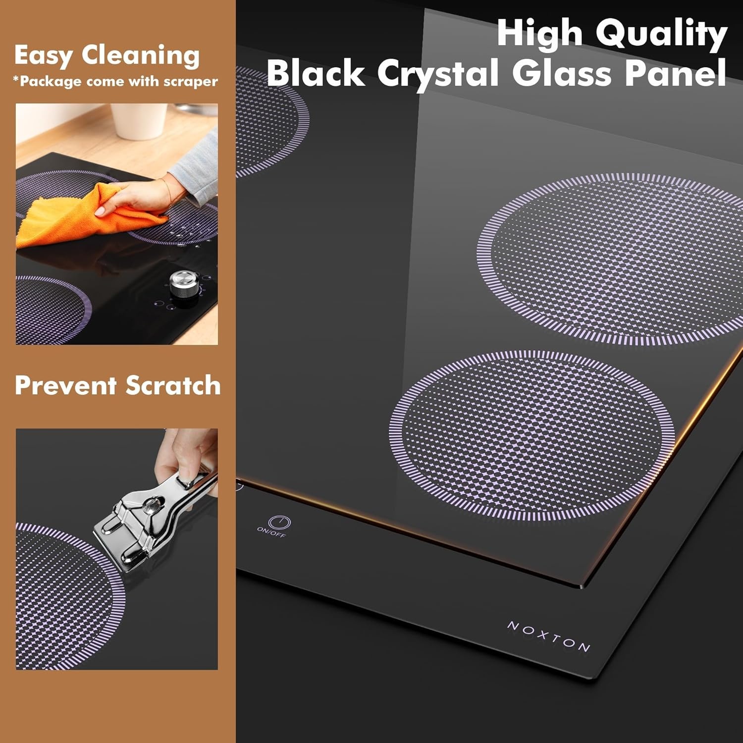 NOXTON Keramische kookplaten 4 platen 60cm，Inbouw, Zwarte glazen kookplaat, Aanraakbediening, Kinderslot, Oververhittingsindicator, Timer van 1-90 minuten