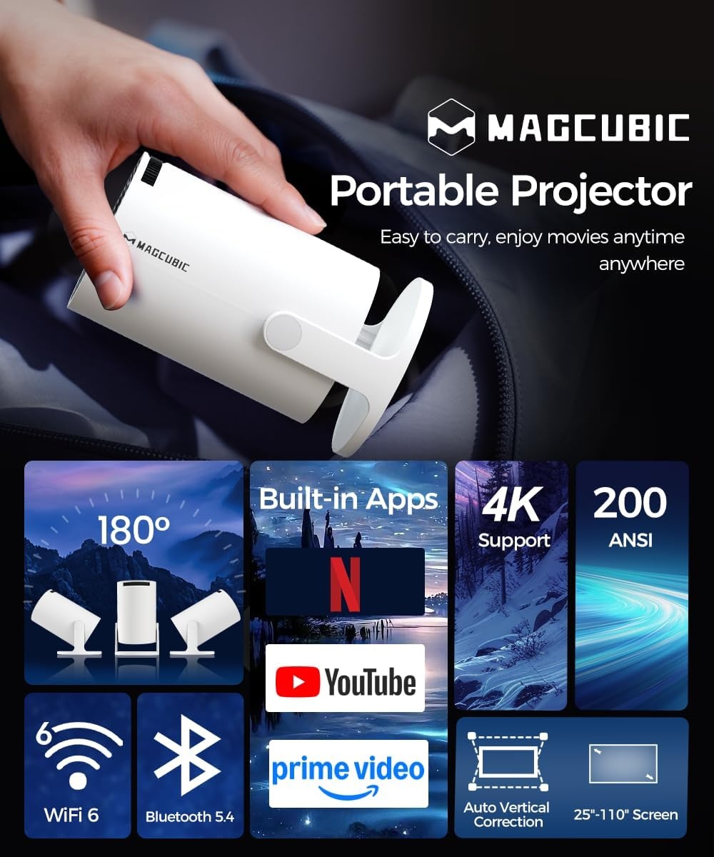 Draagbare Projector met Android 14, Miniprojector 4k 1080P Full HD-Ondersteuning 200ANSI 8000L, 5G WiFi-Videoprojector BT 5.4, Bioscoopprojector 180° Draaibaar voor tv-Stick