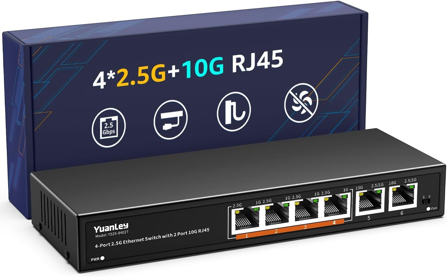 6-Poorts 10Gbps Niet-beheerde Netwerkswitch met 4x 2.5Gbps en 2x 10Gbps RJ45 Poorten