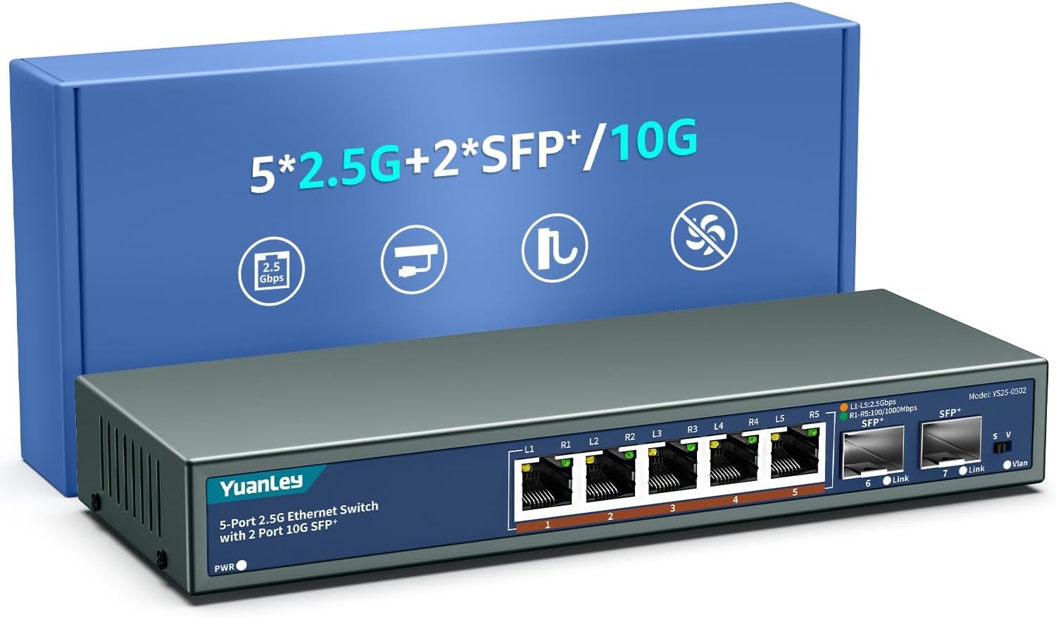 6-Poorts 10Gbps Niet-beheerde Netwerkswitch met 4x 2.5Gbps en 2x 10Gbps RJ45 Poorten
