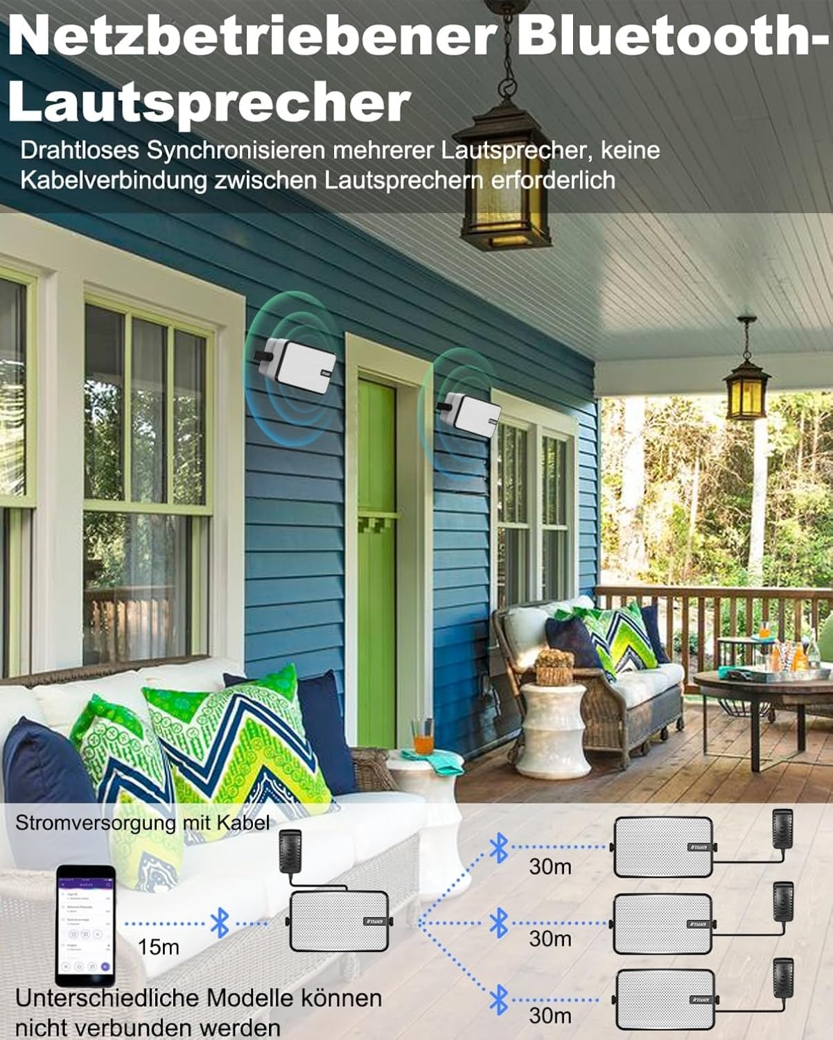 Inwa Bluetooth-Outdoorluidspreker, Draadloos Geluidssysteem voor Binnen en Buiten, IPX5-Waterdicht, 400W (2 Stuks, 2025 Nieuwe Bluetooth-Naam "Sync Speaker", RMS 40W)