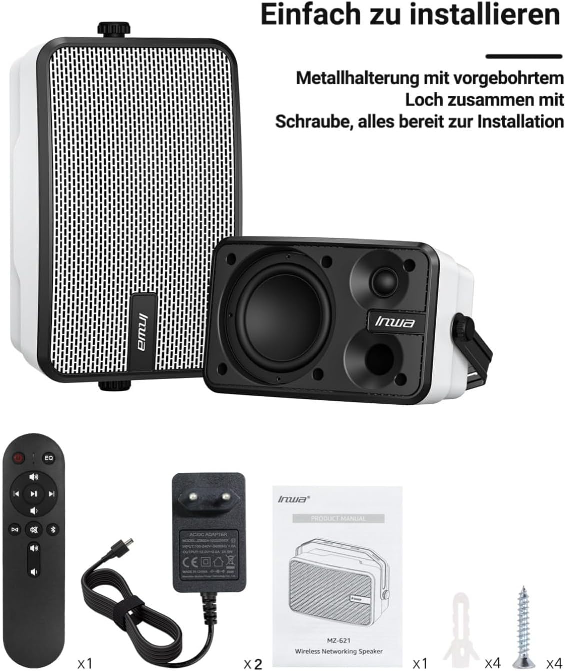 Inwa Bluetooth-Outdoorluidspreker, Draadloos Geluidssysteem voor Binnen en Buiten, IPX5-Waterdicht, 400W (2 Stuks, 2025 Nieuwe Bluetooth-Naam "Sync Speaker", RMS 40W)