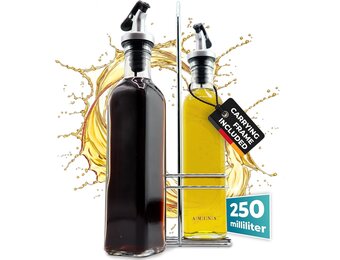 CUCINO azijn- en olieflessenset met praktische houder - olieflessen om te vullen met azijn en olijfolie, glazen oliefles met antidruppeltuit | 2x 250ml