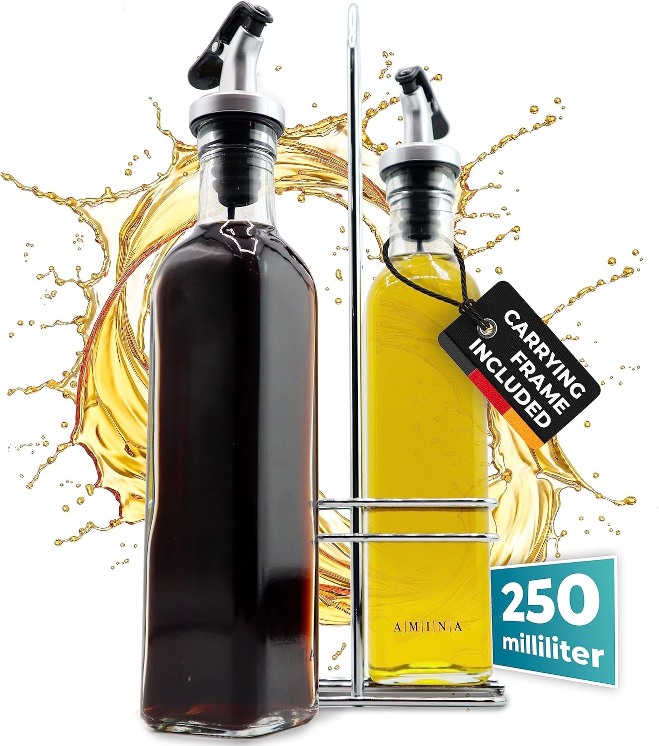 CUCINO azijn- en olieflessenset met praktische houder - olieflessen om te vullen met azijn en olijfolie, glazen oliefles met antidruppeltuit | 2x 250ml