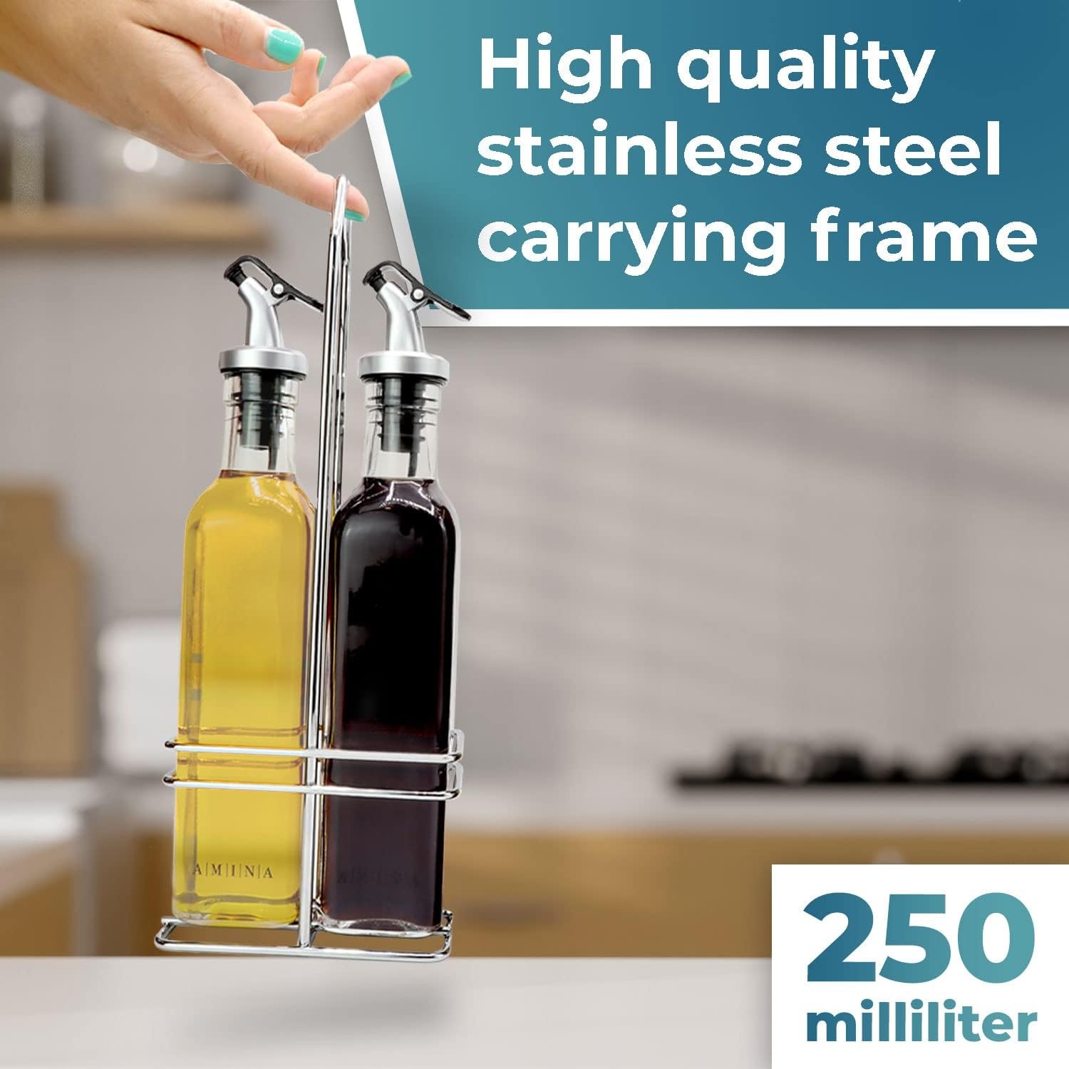 CUCINO azijn- en olieflessenset met praktische houder - olieflessen om te vullen met azijn en olijfolie, glazen oliefles met antidruppeltuit | 2x 250ml