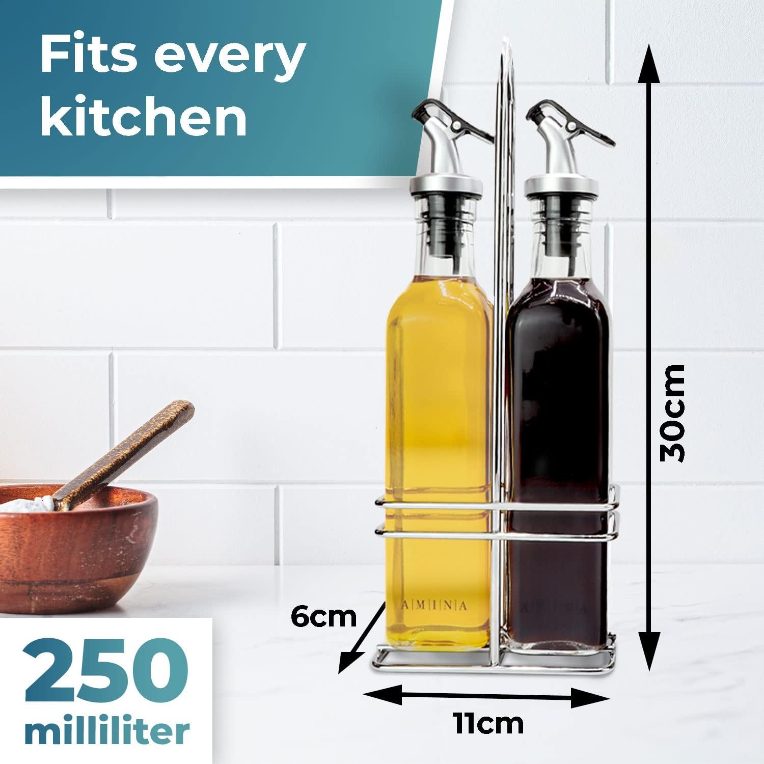 CUCINO azijn- en olieflessenset met praktische houder - olieflessen om te vullen met azijn en olijfolie, glazen oliefles met antidruppeltuit | 2x 250ml