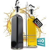 CUCINO azijn- en olieflessenset met praktische houder - olieflessen om te vullen met azijn en olijfolie, glazen oliefles met antidruppeltuit | 2x 250ml