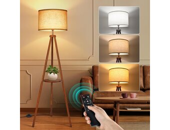Dimbare Houten Tripod Vloerlamp met Plank & Afstandsbediening - 53% Korting!