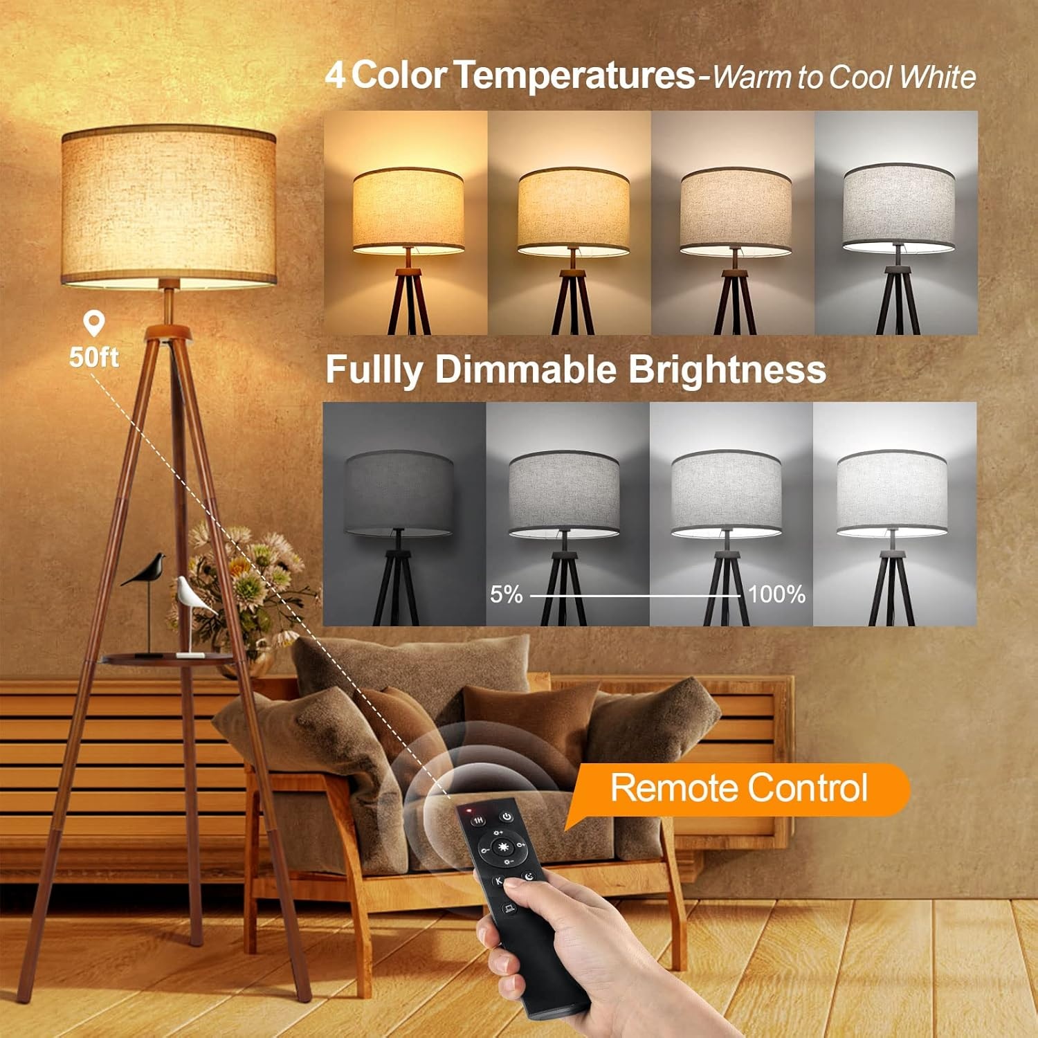 Dimbare Houten Tripod Vloerlamp met Plank & Afstandsbediening - 53% Korting!