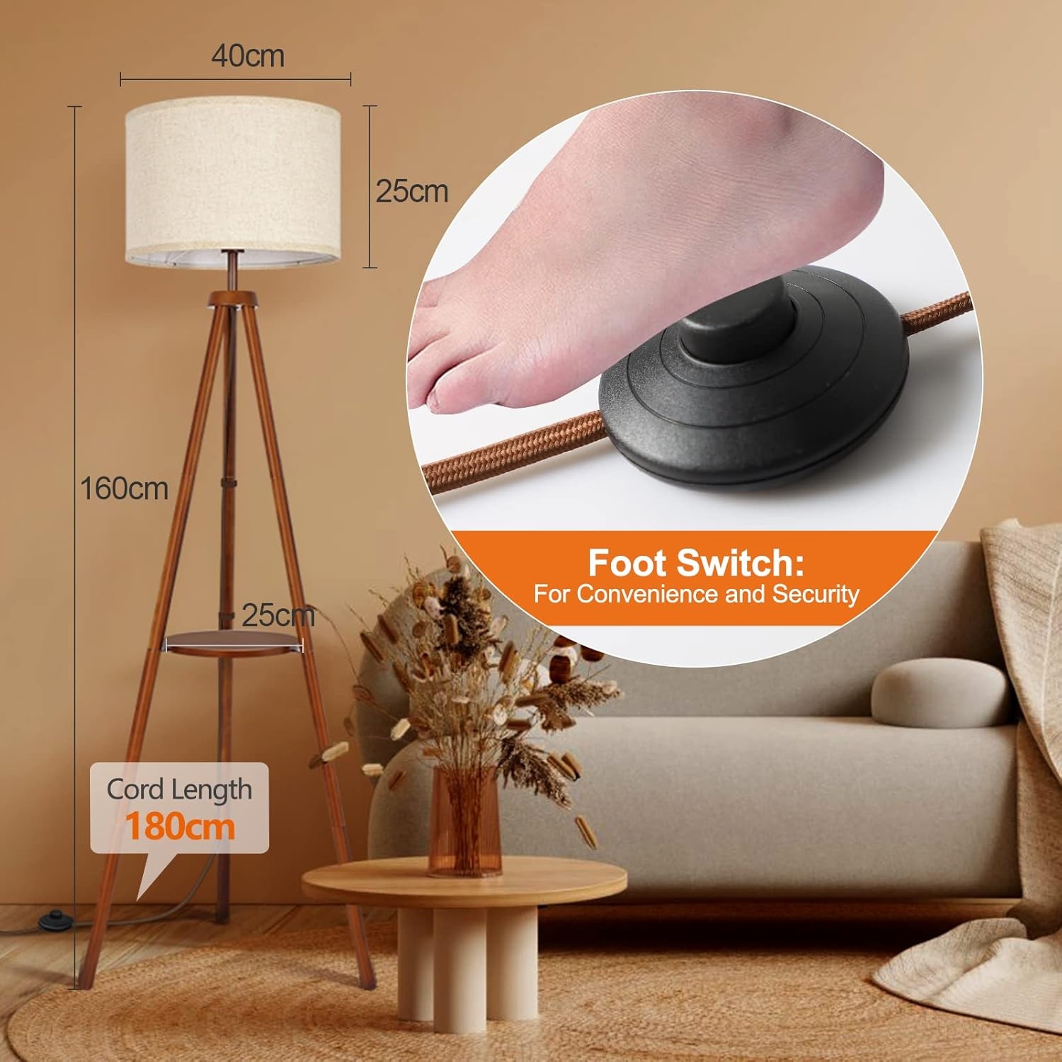 Dimbare Houten Tripod Vloerlamp met Plank & Afstandsbediening - 53% Korting!