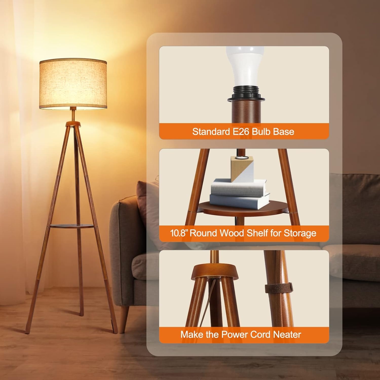 Dimbare Houten Tripod Vloerlamp met Plank & Afstandsbediening - 53% Korting!