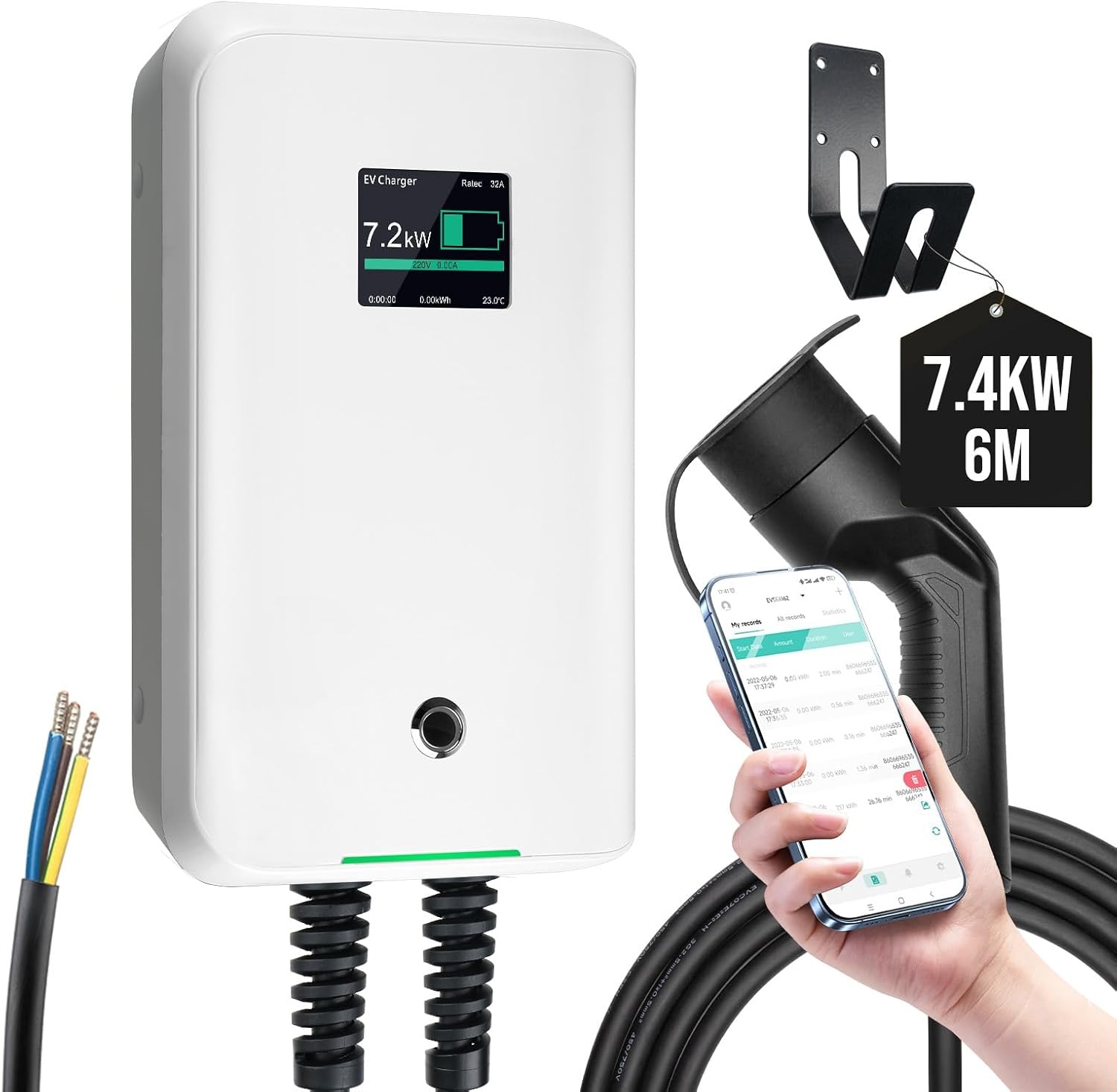 Morec ev oplader type 2 7kW 32A eenfasig met app, ondersteunt bluetooth- en wifi-verbinding, ev laadstation IEC 62196-2 standaardstekker