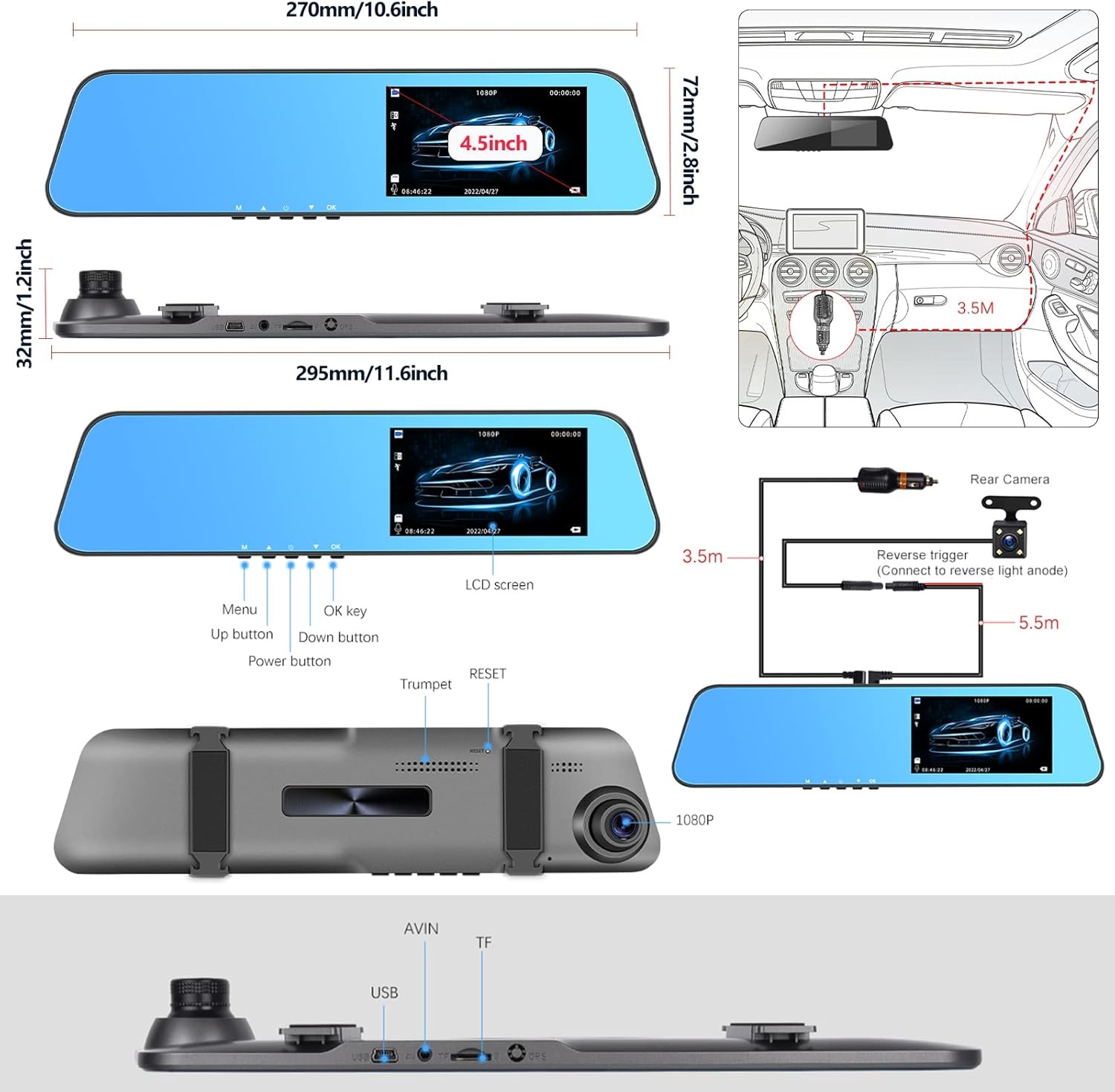 Dashboardcamera met Achteruitrijcamera | 51% Korting | 4,5" HD 1080P