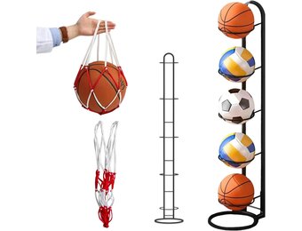 Zwarte Ballenstandaard met 5 Lagen en Mesh Opbergzak - 114 x 26 cm