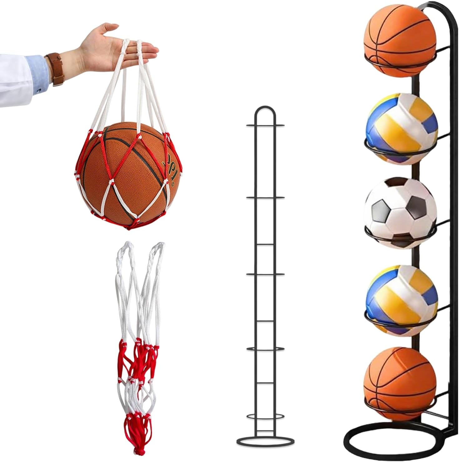 Zwarte Ballenstandaard met 5 Lagen en Mesh Opbergzak - 114 x 26 cm