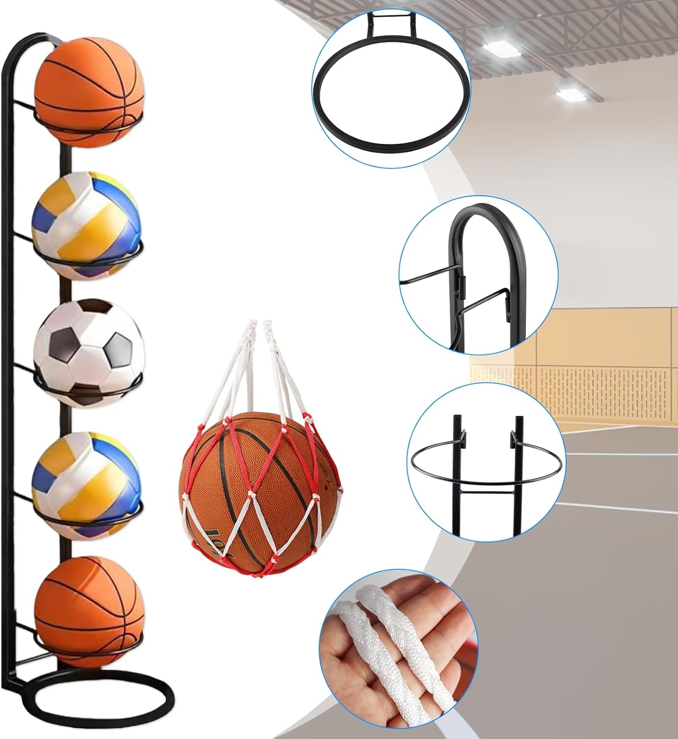 Zwarte Ballenstandaard met 5 Lagen en Mesh Opbergzak - 114 x 26 cm