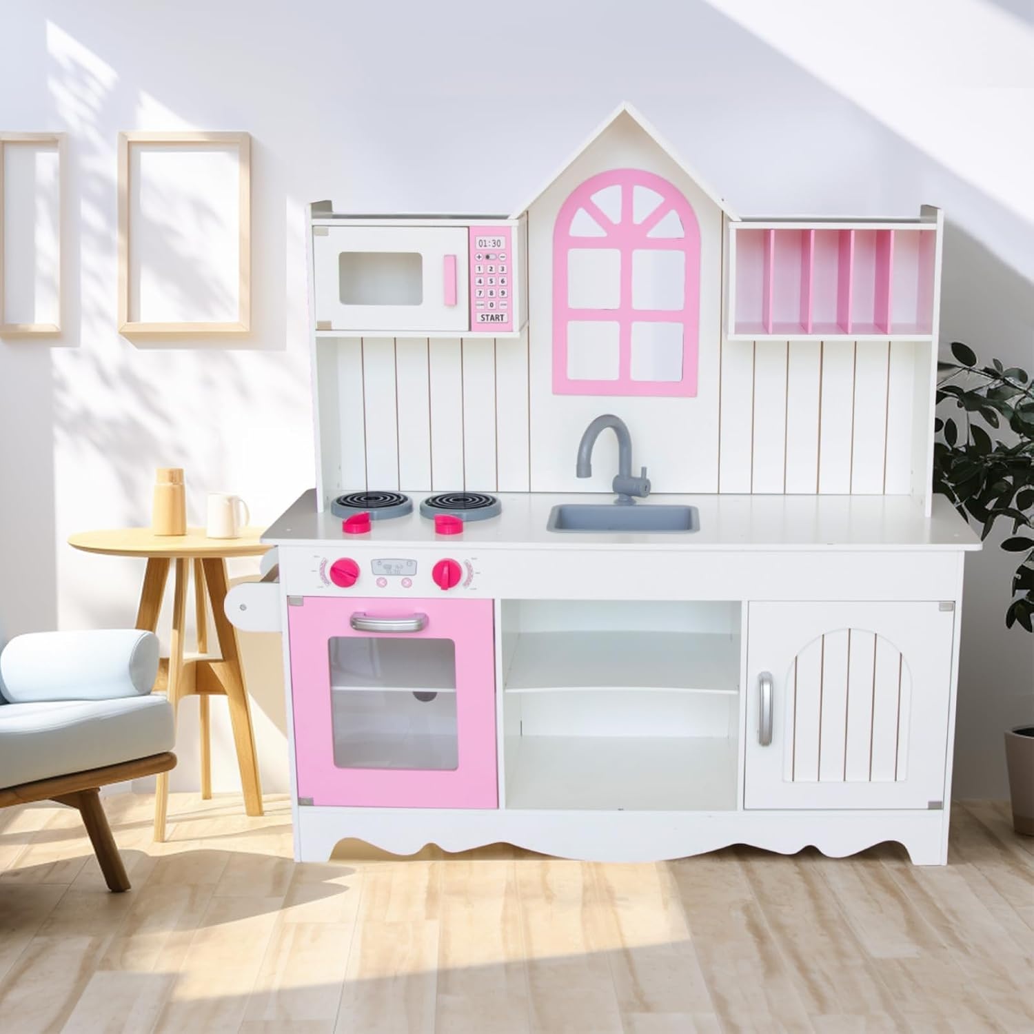 WOODENFUN Speelkeuken voor kinderen 3-8, Houten Kids Play Keuken Speelset Chef Pretend Play Set voor Peuters w, Speelgoed Keuken Geschenken voor Jongens Meisjes (Large Wit)