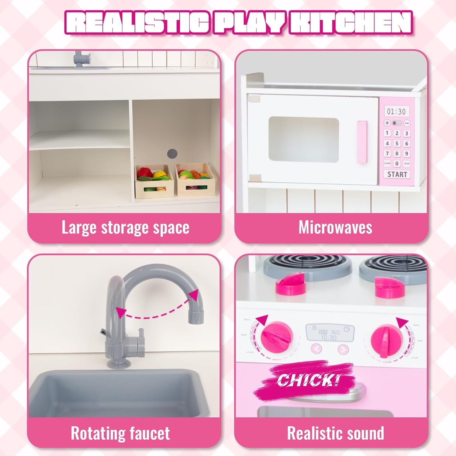 WOODENFUN Speelkeuken voor kinderen 3-8, Houten Kids Play Keuken Speelset Chef Pretend Play Set voor Peuters w, Speelgoed Keuken Geschenken voor Jongens Meisjes (Large Wit)