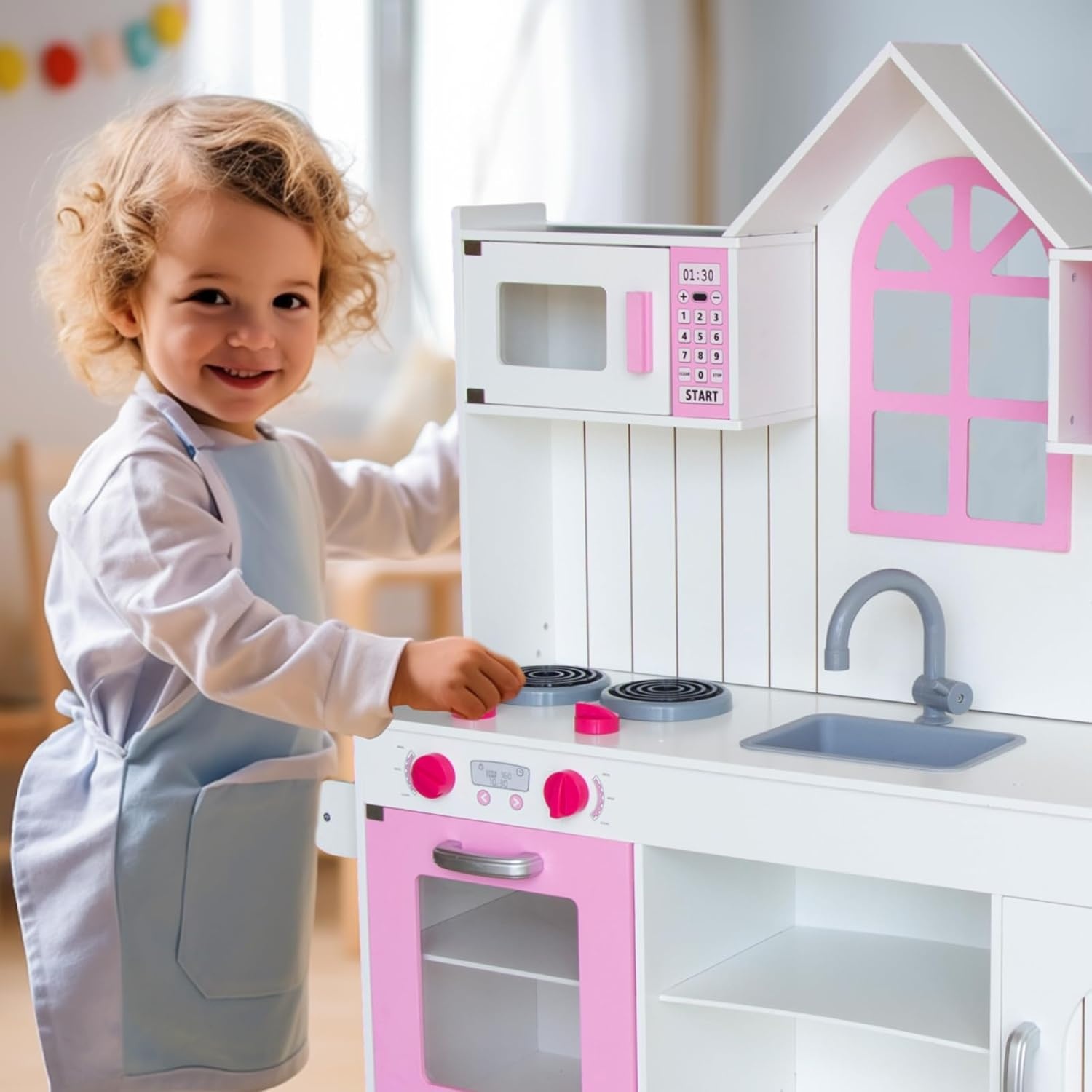 WOODENFUN Speelkeuken voor kinderen 3-8, Houten Kids Play Keuken Speelset Chef Pretend Play Set voor Peuters w, Speelgoed Keuken Geschenken voor Jongens Meisjes (Large Wit)