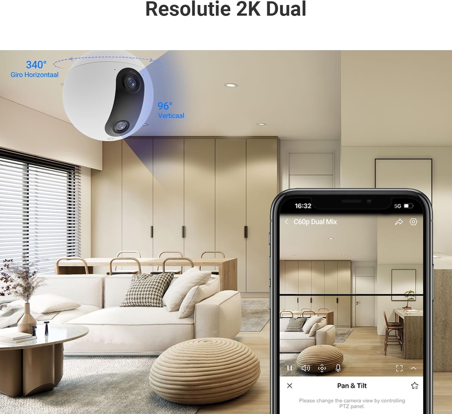 EZVIZ C60p 2K+2K 360° Indoor Beveiligingscamera Binnen Wifi met Dubbele Lens, Automatische Tracking, Persoonsdetectie, Tweerichtingsaudio, 10m Nachtzicht, Patrouille/Privacymodus, Wifi 6
