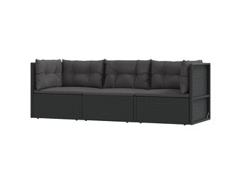 vidaXL 3-delige Loungeset met kussens poly rattan zwart