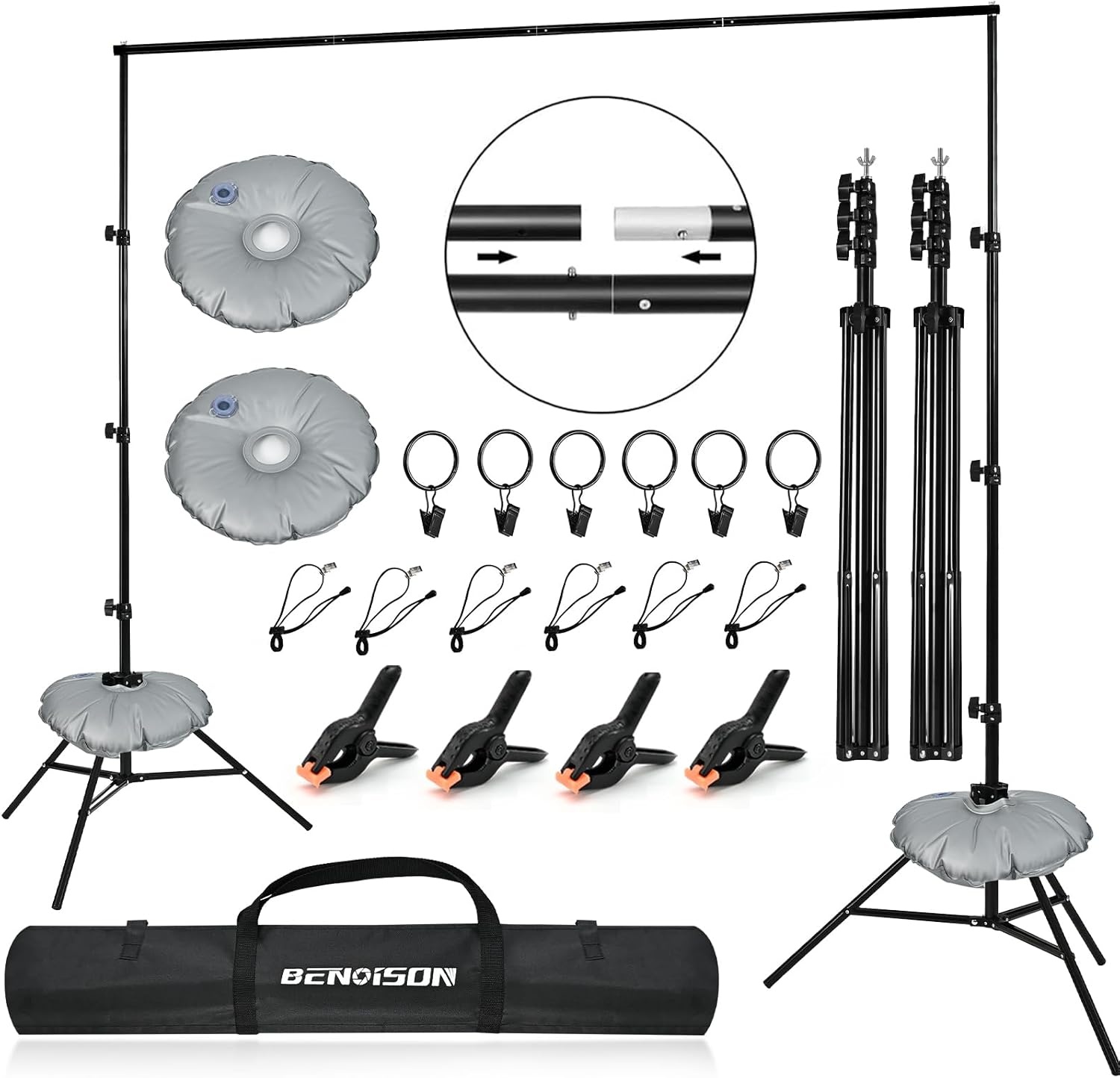 BENOISON Achterdoek Stand Kit - 2,6×3m(8,5x10ft) Fotografie Foto Achterdoek Stand, Verstelbare Achtergrond Stand Verdikt Stevig Achtergrondsteunen met Waterzak (Zwart)
