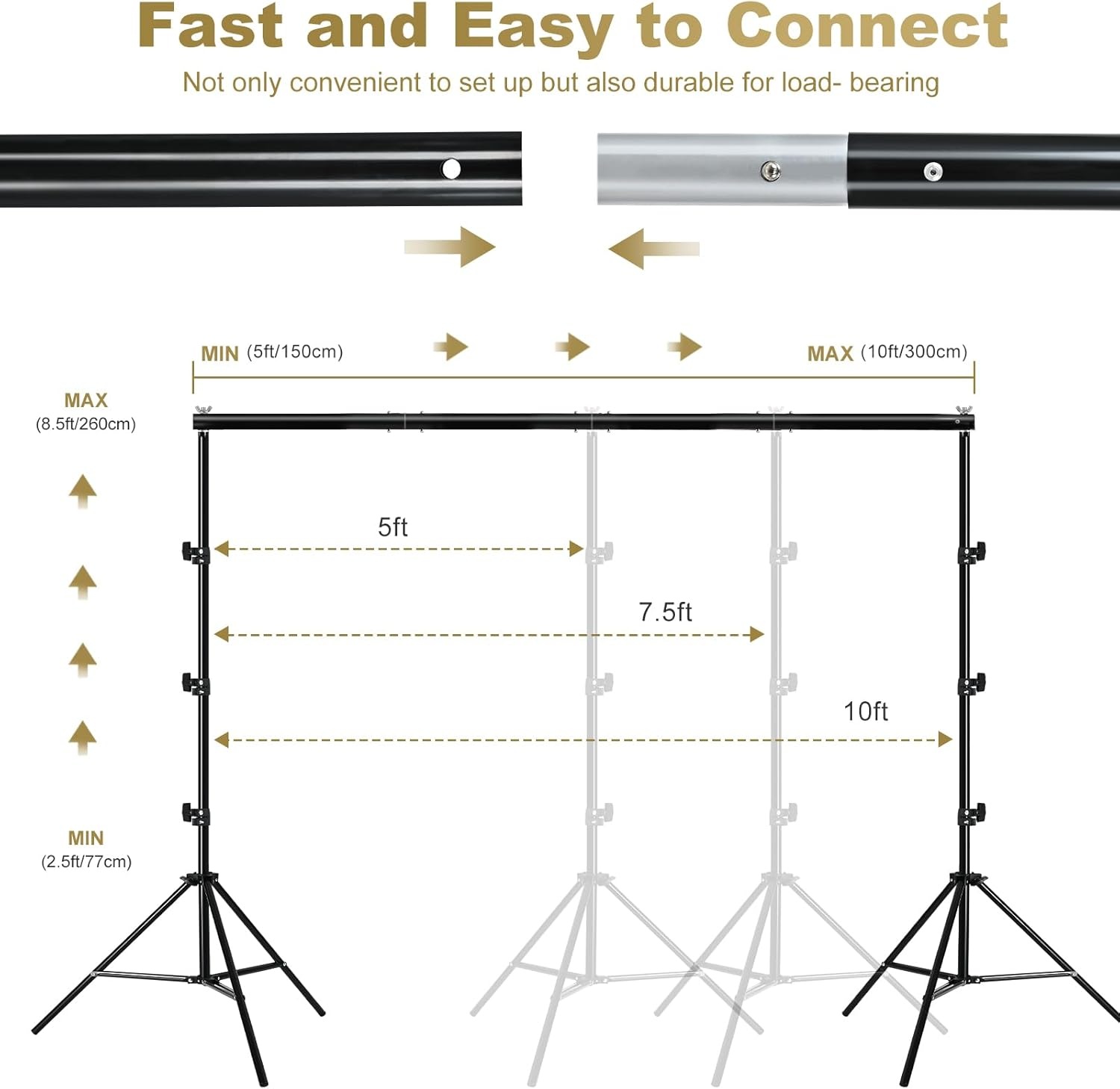 BENOISON Achterdoek Stand Kit - 2,6×3m(8,5x10ft) Fotografie Foto Achterdoek Stand, Verstelbare Achtergrond Stand Verdikt Stevig Achtergrondsteunen met Waterzak (Zwart)