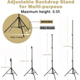 BENOISON Achterdoek Stand Kit - 2,6×3m(8,5x10ft) Fotografie Foto Achterdoek Stand, Verstelbare Achtergrond Stand Verdikt Stevig Achtergrondsteunen met Waterzak (Zwart)